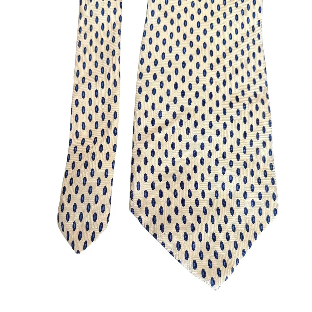 Savile Row‎ 100% Silk Tie Gold Navy Oval Dot Pattern Made in USA Men's Necktie